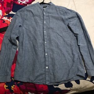 Denim No Collar Dress Shirt.