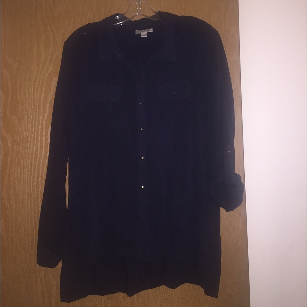 Navy blue collared button up shirt