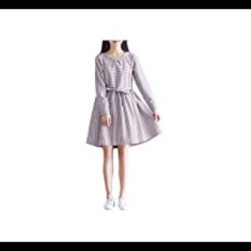 STRIPED CREAM/BROWN CREW NECK DRESS