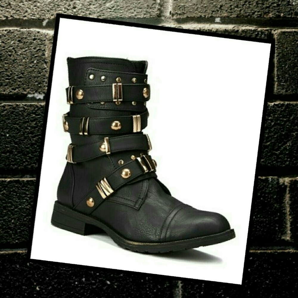 Amazing Black Strappy Boots with Gold Detail