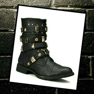 Amazing Black Strappy Boots with Gold Detail