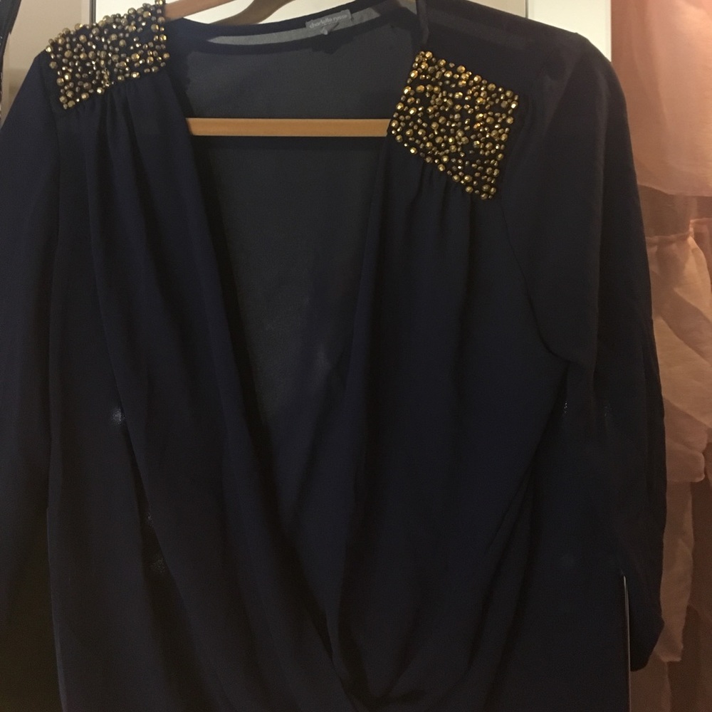 Blue low cut with gold beaded shoulders blouse