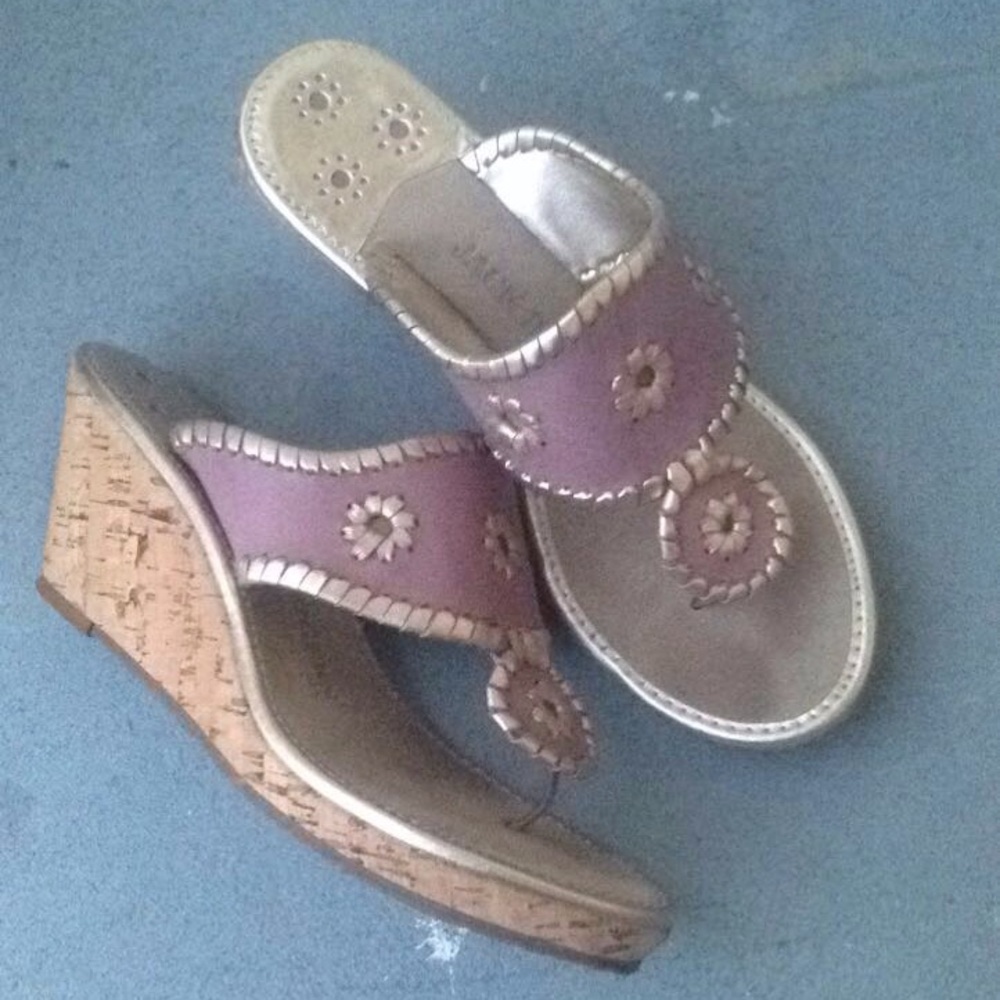 Lilac and silver Jack Rogers cork wedges