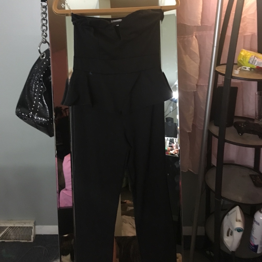Black strapless peplum jumpsuit