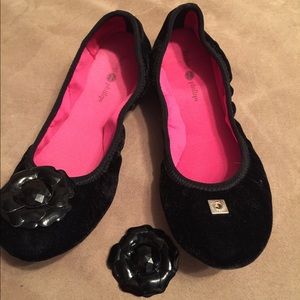Lindsay Phillips black suede snap flats