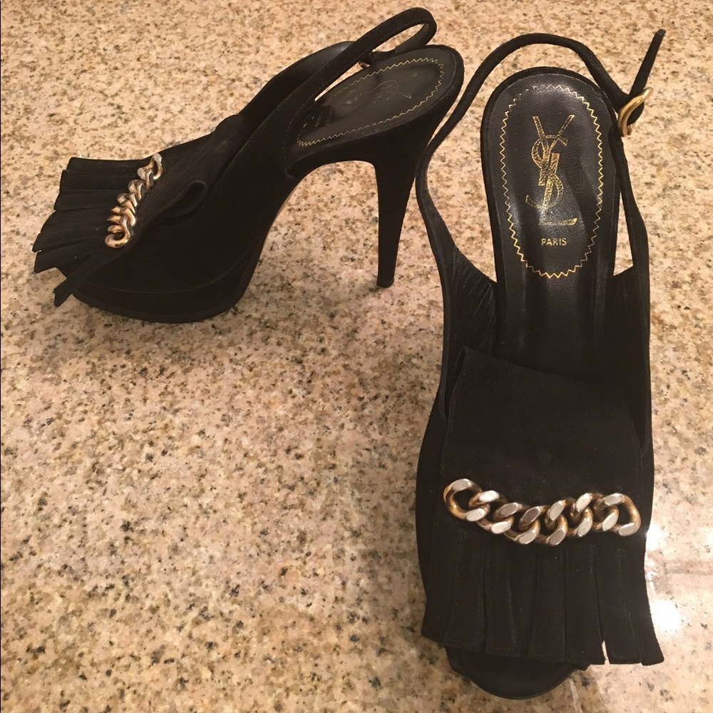 Yves St Laurent suede fringe sling-back shoes.