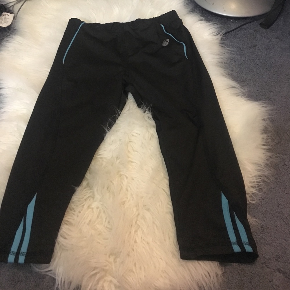 Black workout out pants with blue stripes
