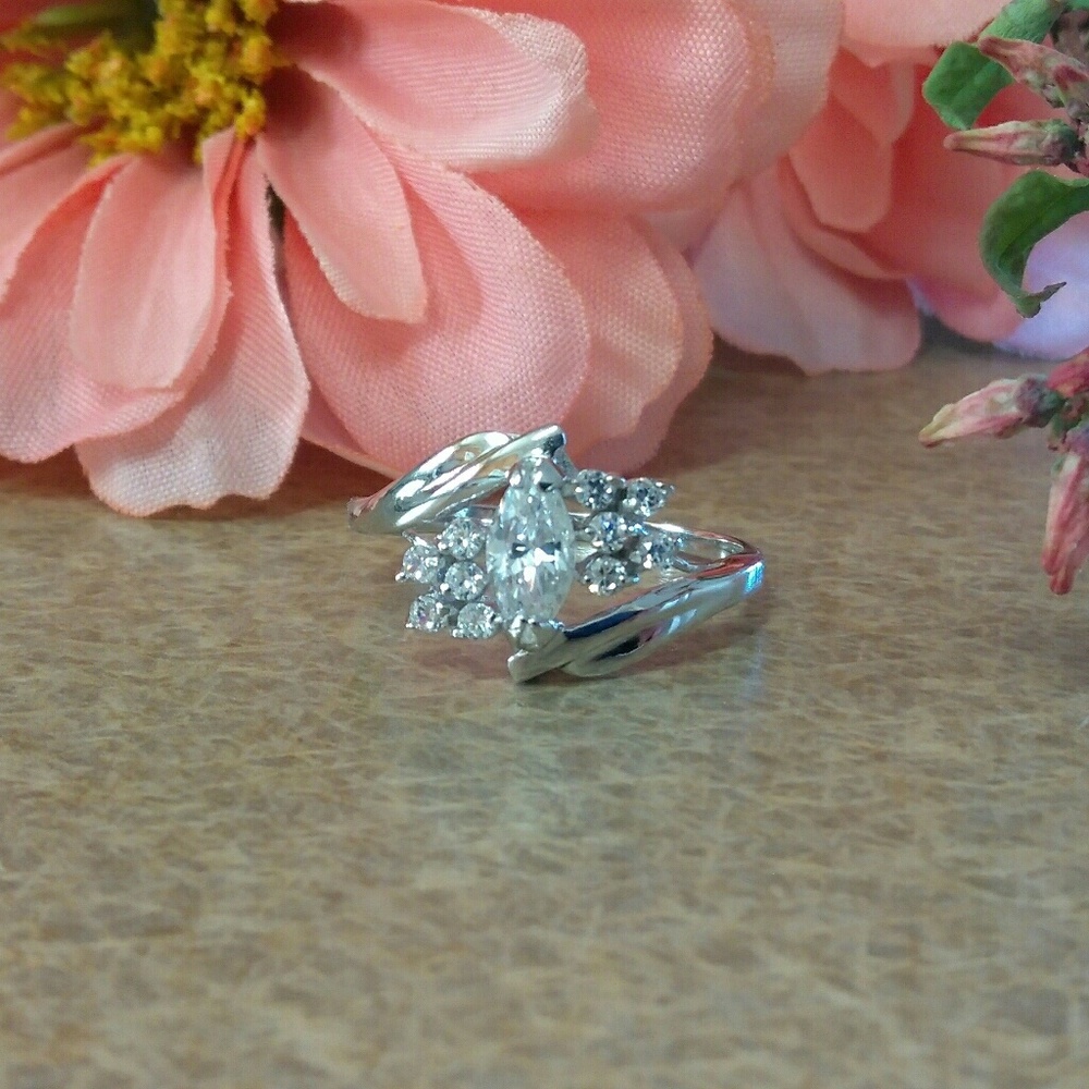 Solid Silver Marquise Cut Bypass Engagement Ring