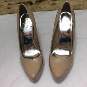 Nude Patent Leather Career Platform Pumps