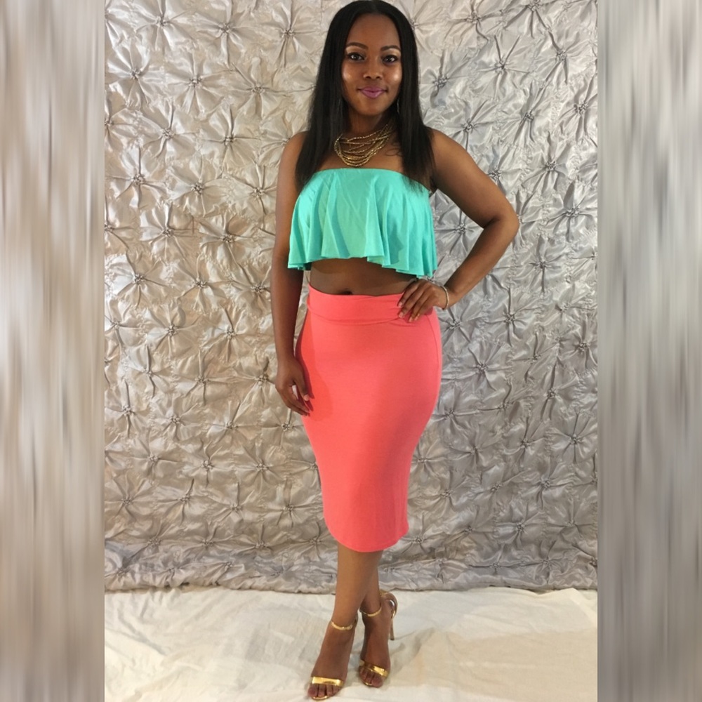 Two-piece Aqua and Coral Skirt and Top Set