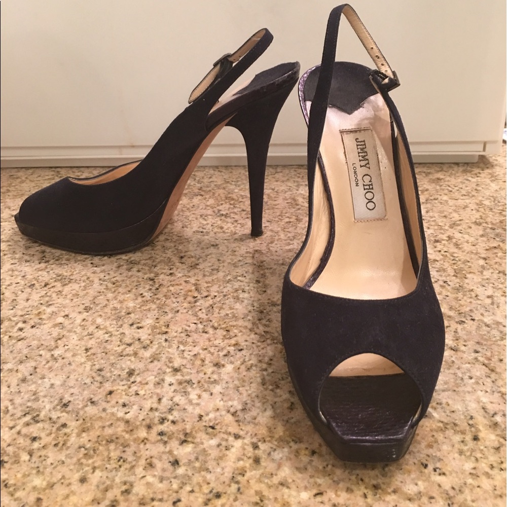 Jimmy Choo navy blue suede sling backs.