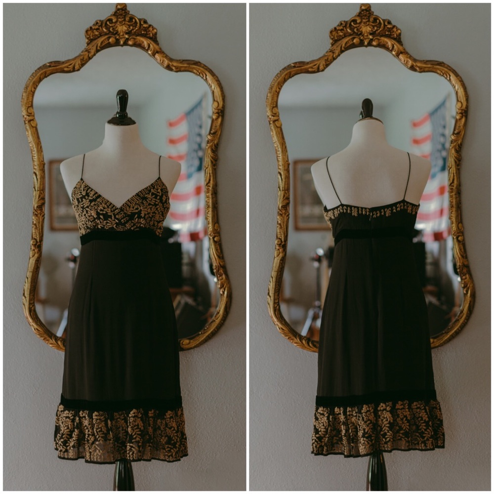 Anthropologie Black Silk Gold Embroidery Dress