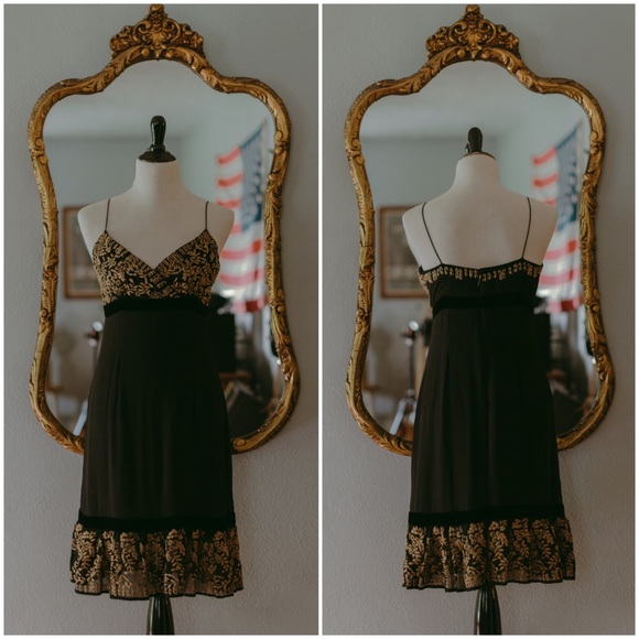 Anthropologie Black Silk Gold Embroidery Dress - Picture 1 of 7