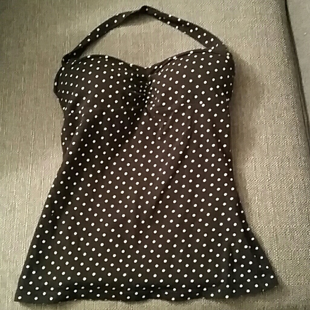 Black and white polka dot halter top.