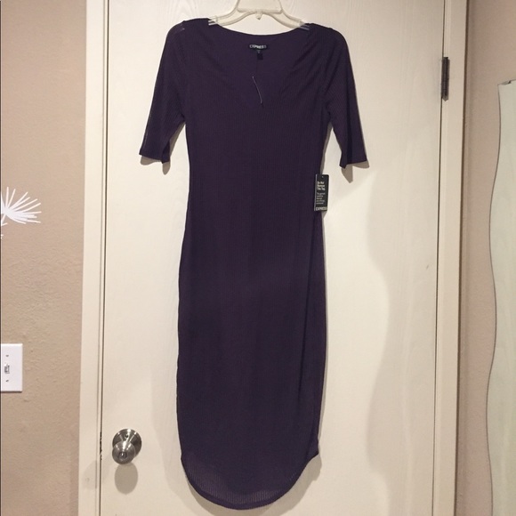 Express Ribbed Sheer quarter sleeve midi dress - Picture 1 of 5