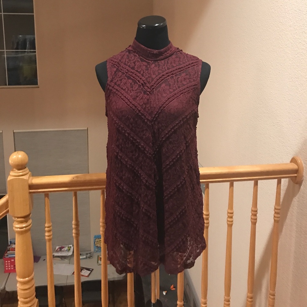 Burgundy Lace Botton Neck Top