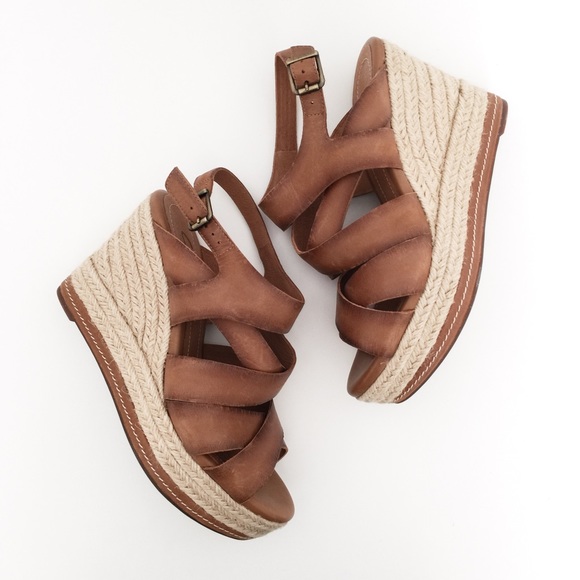 Clarks Brown Leather Espadrilles Wedges - Picture 1 of 6