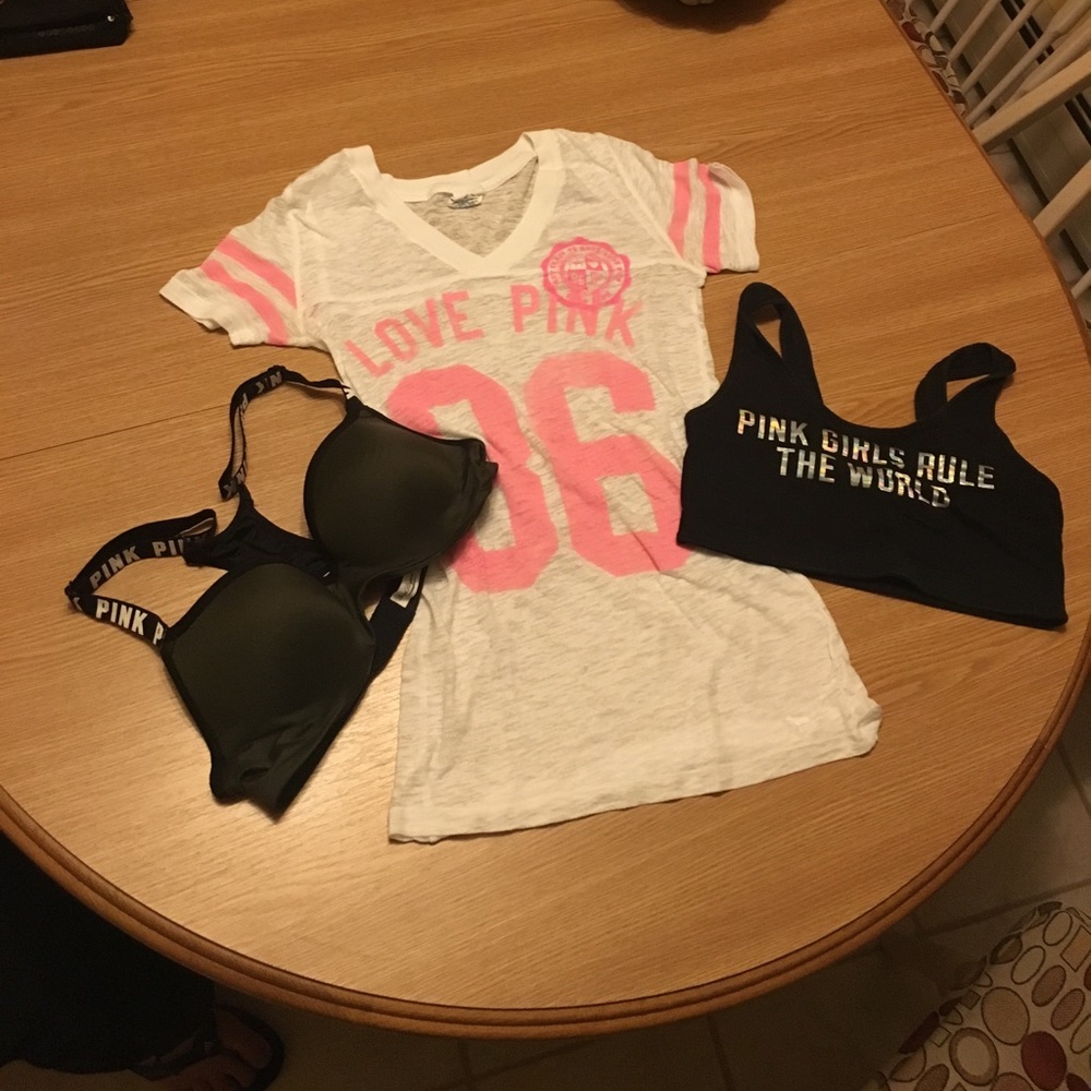 VS PINK SHIRT, BRA, AND SPORTS BRA SET