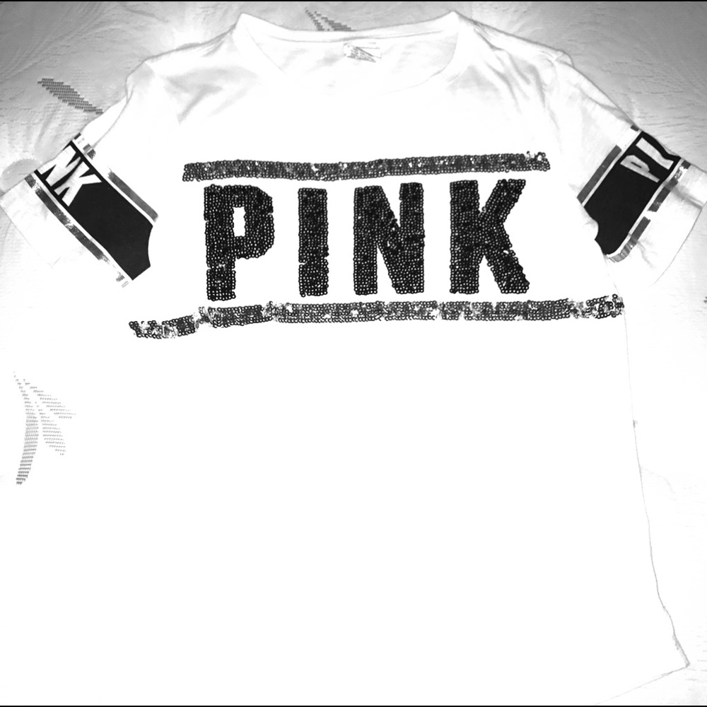 Pink bling white shirt with metallic on sleeves