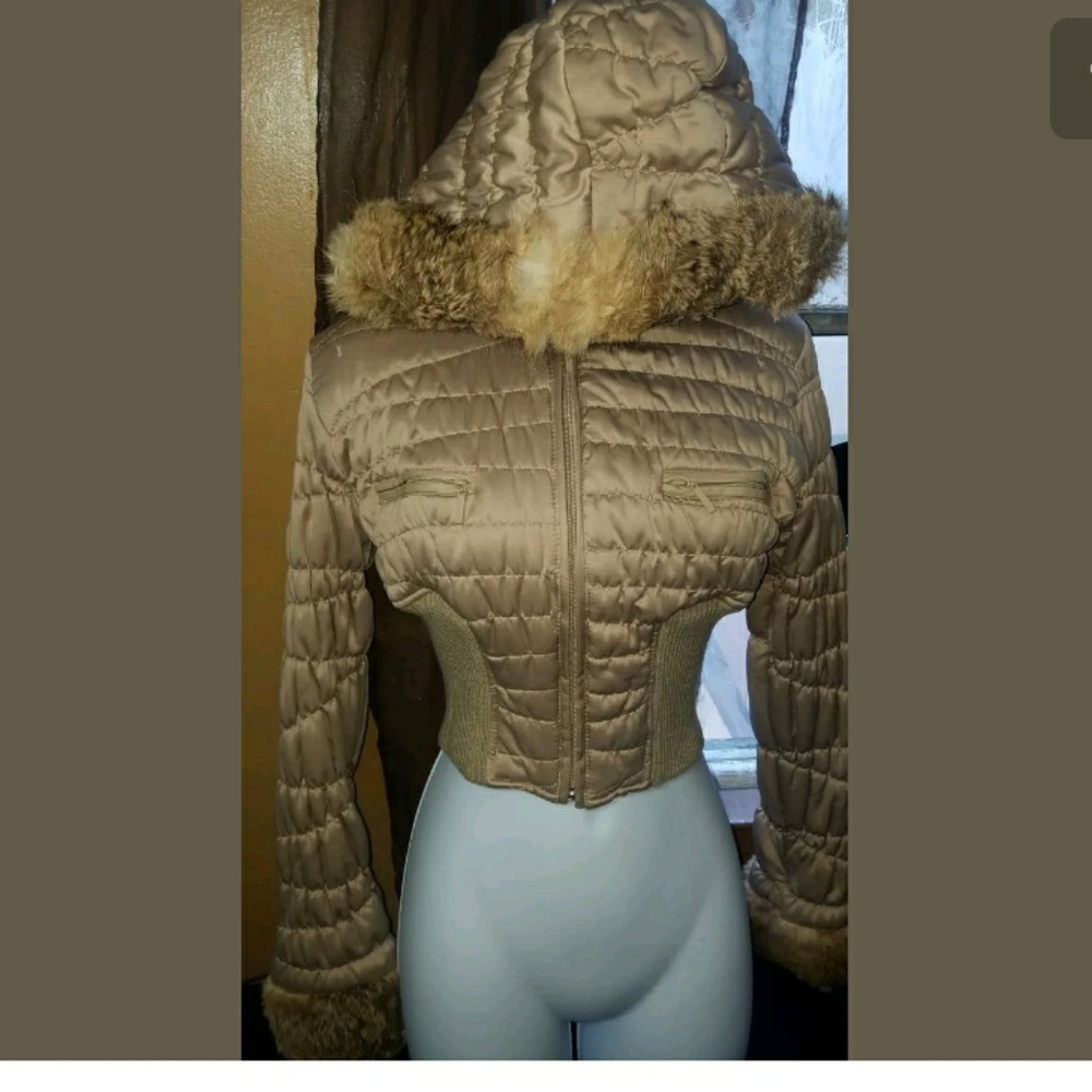 🔥GOLD BOMBER BEBE FUR HOODED JACKET SMALL
