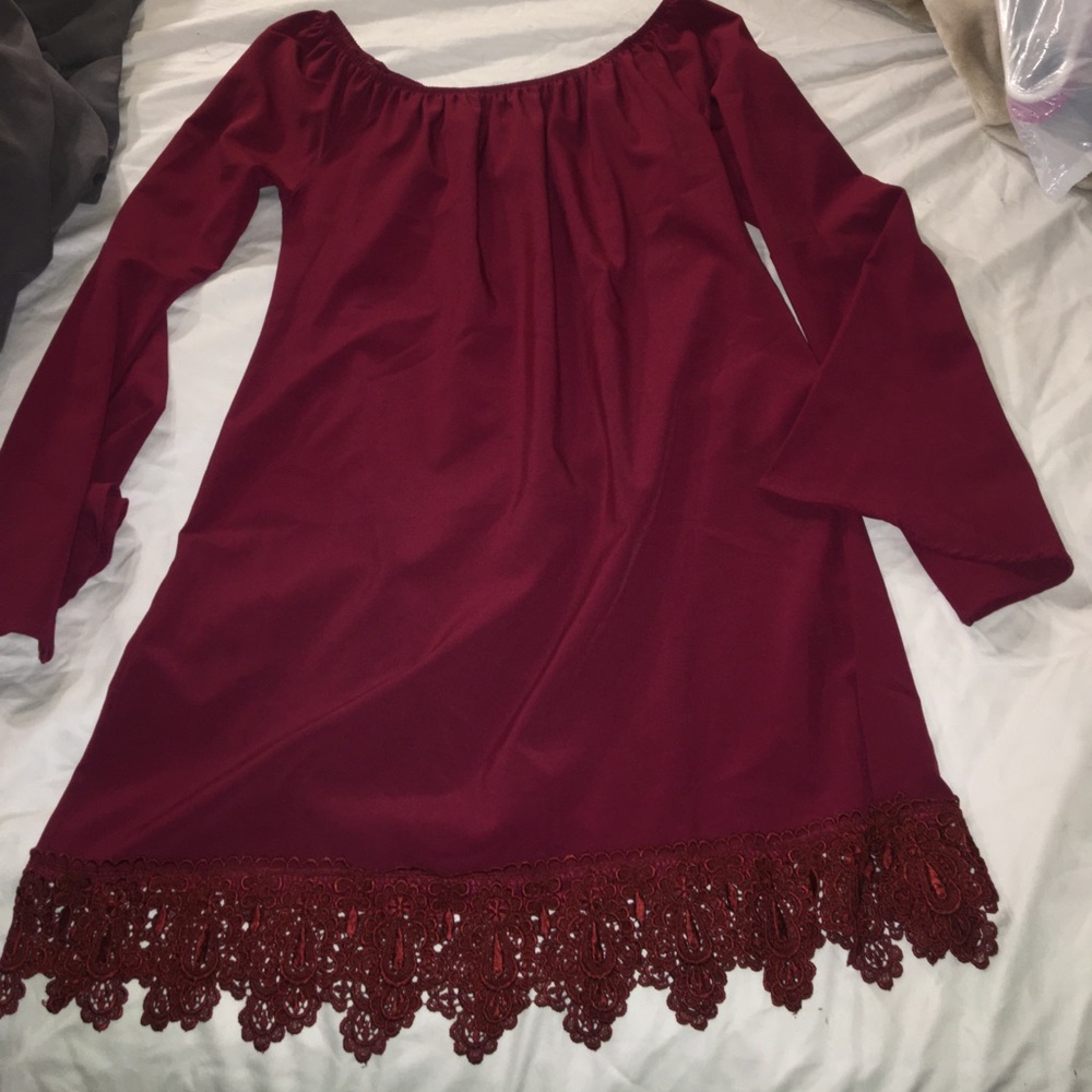 Wine colored long sleeve dress with lace bottom