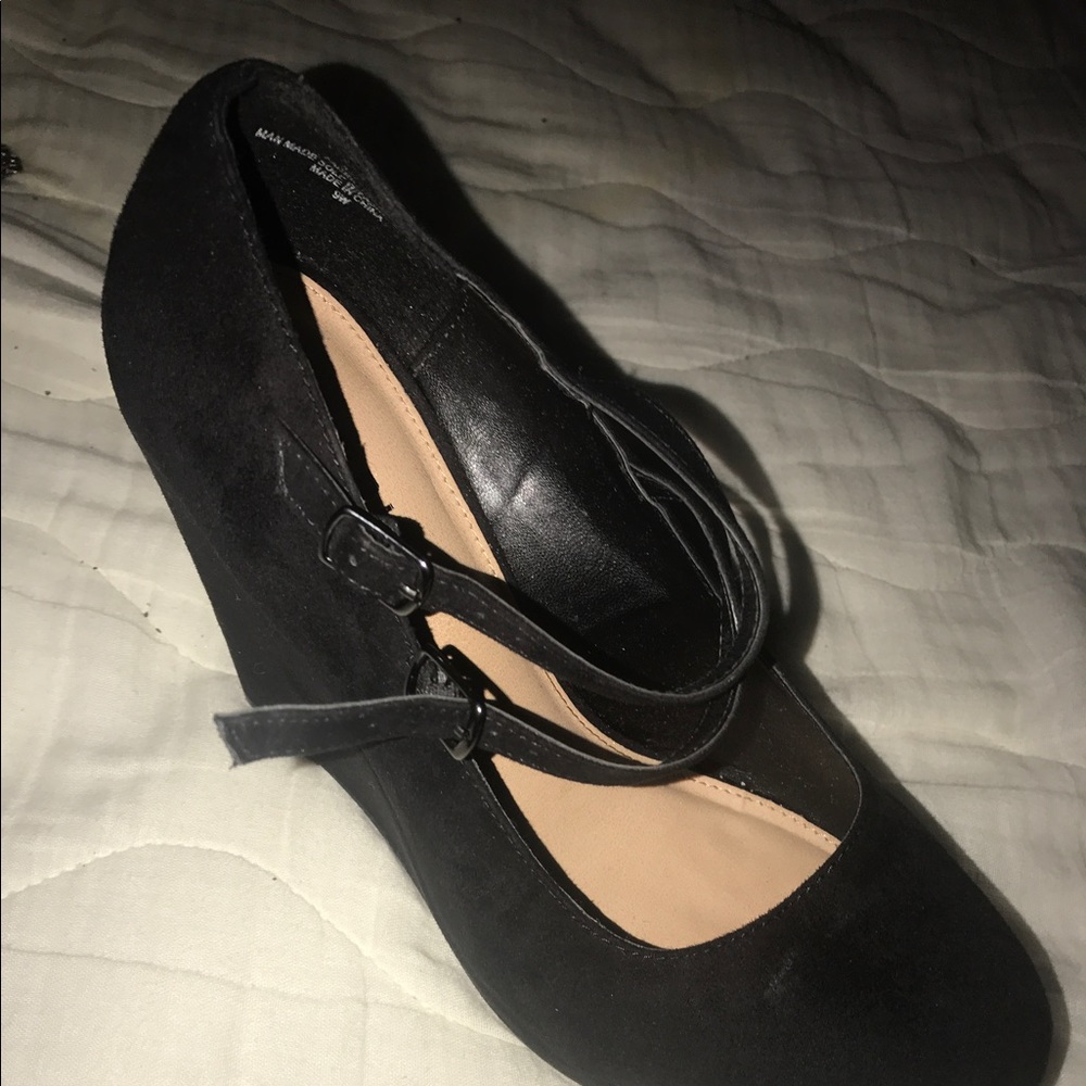 Double Strap Black Suede Wedges