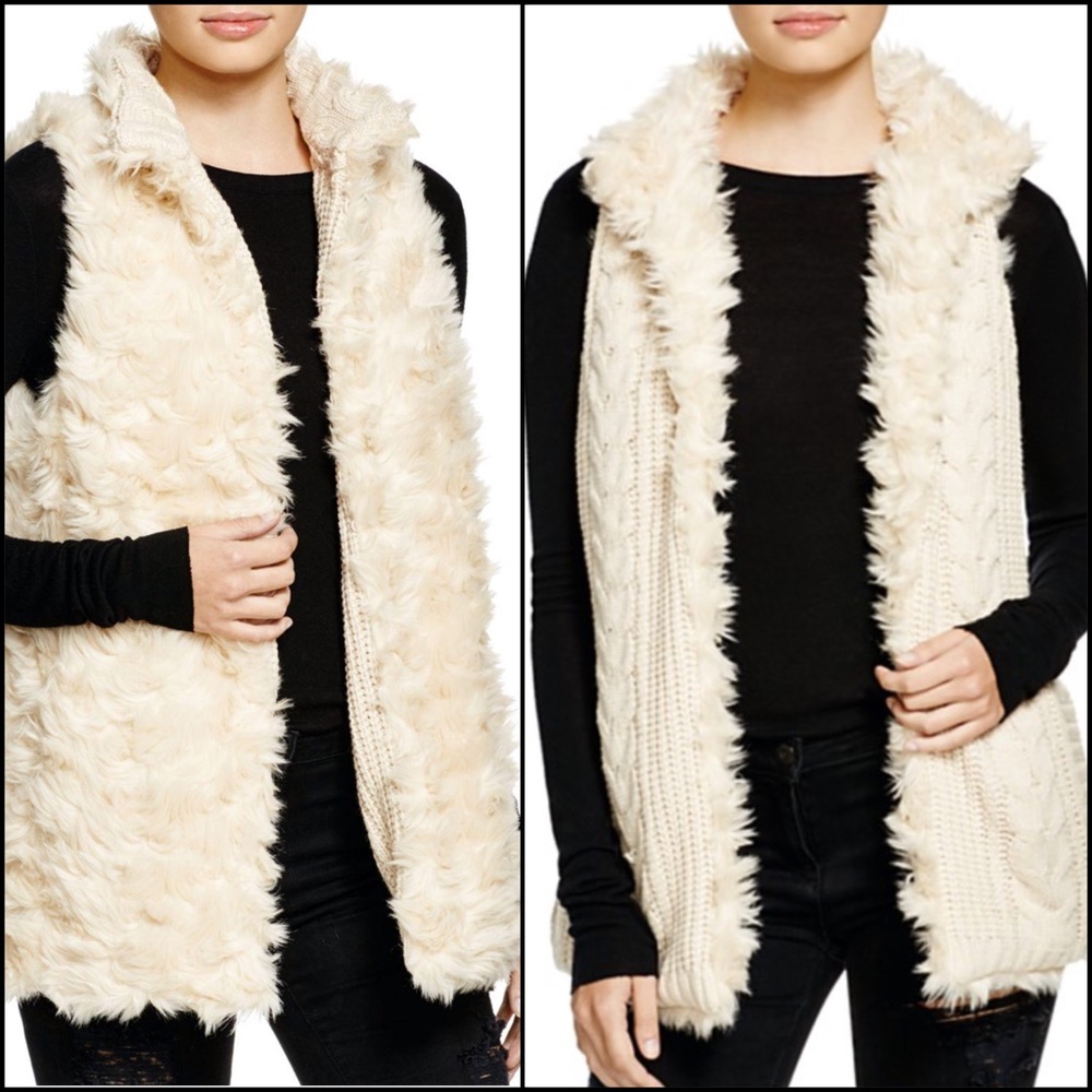 AQUA -Reversible- Ivory Faux Fur Cable Knit Vest