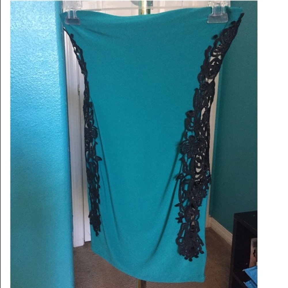 Teal strapless dress with embroidered sides