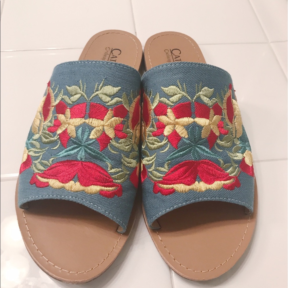 Embroidered Peep-Toe Slippers