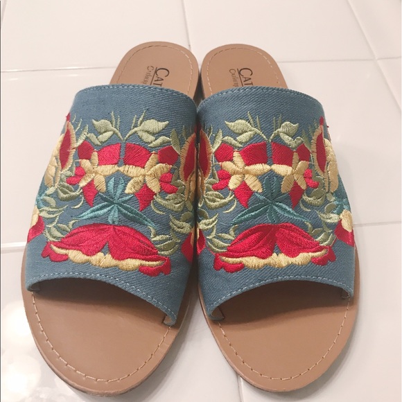Embroidered Peep-Toe Slippers - Picture 1 of 3