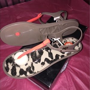 BCBG Coral & Tan T-Strap Sandals