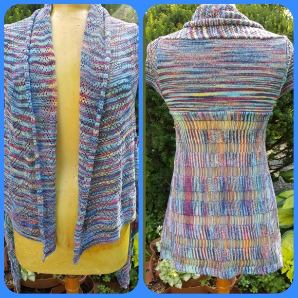 🌈👽Rainbow Space dyed Love Stitch Waterfall open cardi Boho Hippie sweater top - Picture 4 of 8
