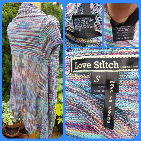 🌈👽Rainbow Space dyed Love Stitch Waterfall open cardi Boho Hippie sweater top - Picture 5 of 8