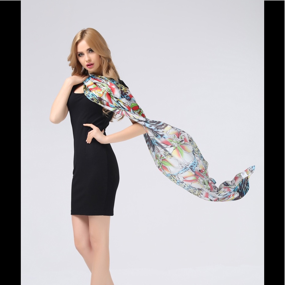 106 Colorful Red Yellow Blue Orange Silk Scarf