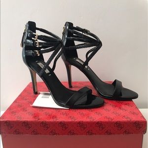 Strappy Black Guess Heels with Gold Detail