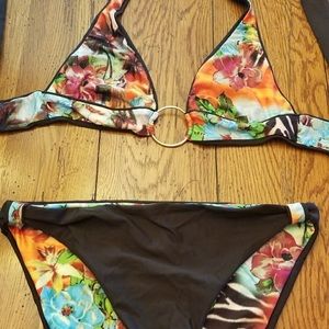 Brown and floral  reversible bikini