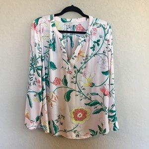 LOFT Split Neck Floral Pink Blouse