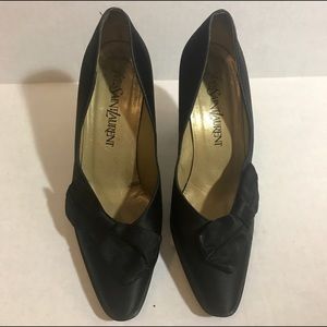 YSL Black Satin Heel Pumps with Bow