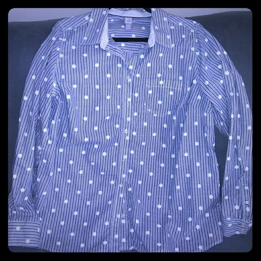 Womens JCP Blue/ White Polka Dot Button Down Shirt