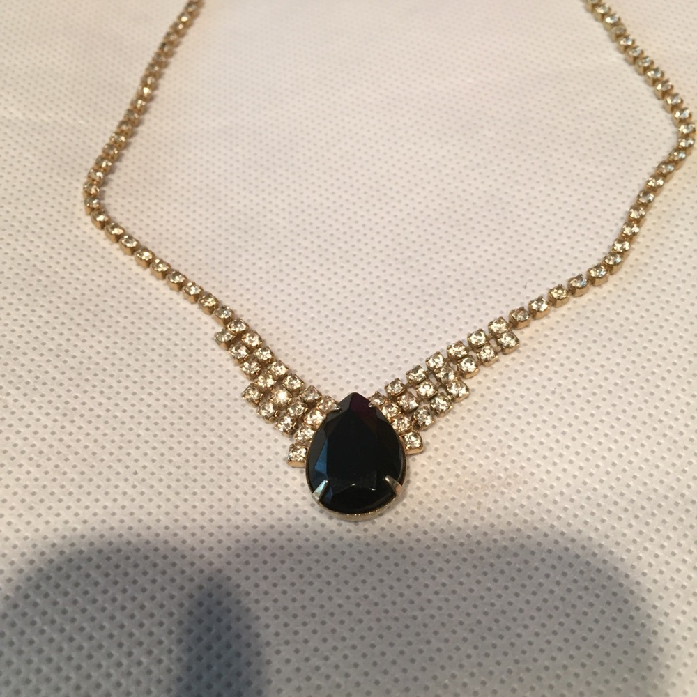 Gold black rhinestone tear drop necklace