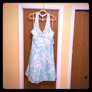 Aqua and white flowered halter dress