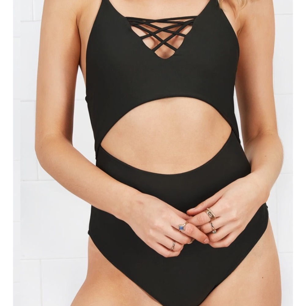 One piece black bathing suit