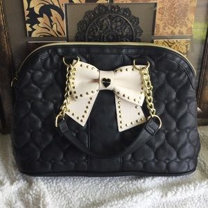 Betsey Johnson black heart quilted tote with bow.