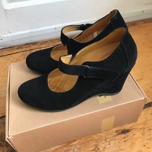 Bussola black suede Mary Jane wedge heels