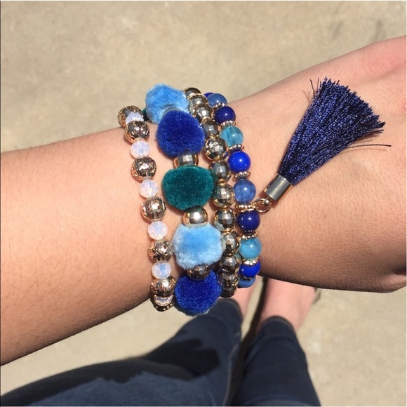 CLEARANCE! Beaded Pom Pom Tassel Bracelet Set - Picture 2 of 5