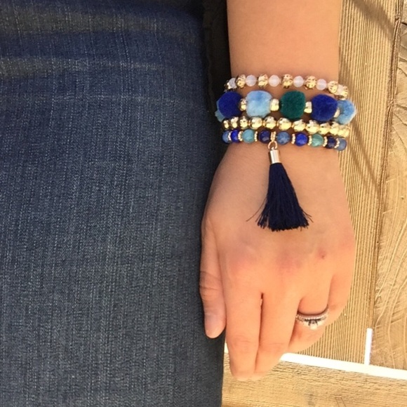Jewelry - CLEARANCE! Beaded Pom Pom Tassel Bracelet Set