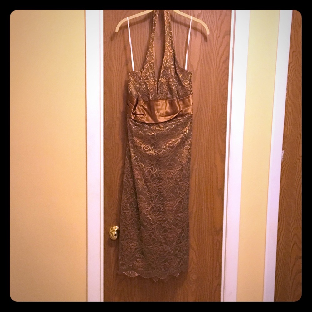 Bronze/copper/gold lace halter dress