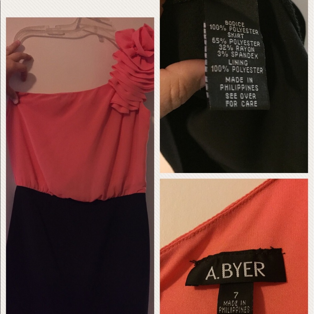 one-shoulder coral and black dress