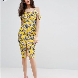 ASOS Yellow Textured Floral Dress Midi Dress