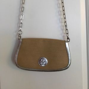 Tory Burch Silver and Natural Raffia Clutch